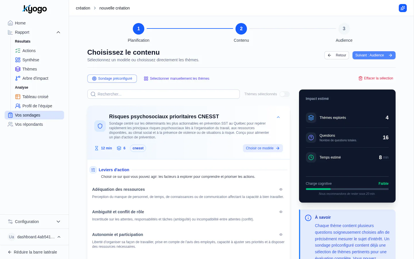 Sélection d’un modèle et des thèmes d’un sondage dans Kyogo
